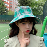 Vintage Check Bucket Hat Wide Brim Sunshade