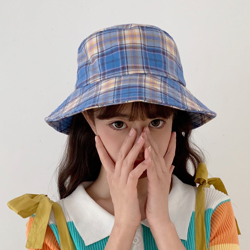 Vintage Check Bucket Hat Wide Brim Sunshade