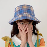 Vintage Check Bucket Hat Wide Brim Sunshade