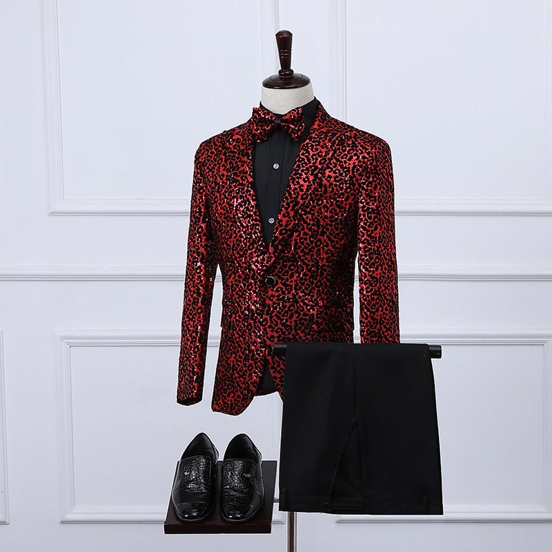 Black Tie Attire Leopard Sequined Suit Slim Fit Performance Dress
