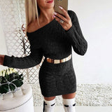 Women Pullover Knit Sweater Mid-Length Fluorescent Twist Off-the-Shoulder Fitted Waist Dress Sweater