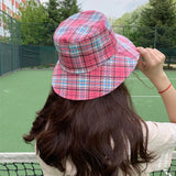 Vintage Check Bucket Hat Wide Brim Sunshade