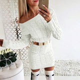 Women Pullover Knit Sweater Mid-Length Fluorescent Twist Off-the-Shoulder Fitted Waist Dress Sweater