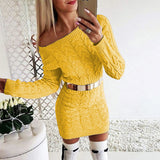 Women Pullover Knit Sweater Mid-Length Fluorescent Twist Off-the-Shoulder Fitted Waist Dress Sweater