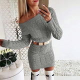 Women Pullover Knit Sweater Mid-Length Fluorescent Twist Off-the-Shoulder Fitted Waist Dress Sweater