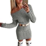 Women Pullover Knit Sweater Mid-Length Fluorescent Twist Off-the-Shoulder Fitted Waist Dress Sweater