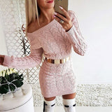 Women Pullover Knit Sweater Mid-Length Fluorescent Twist Off-the-Shoulder Fitted Waist Dress Sweater
