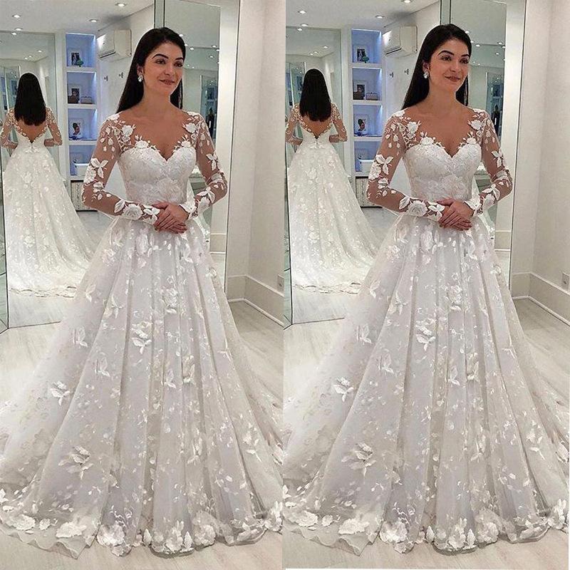 Women Lace Wedding Dress Lace Deep V Long Sleeve Formal Dress