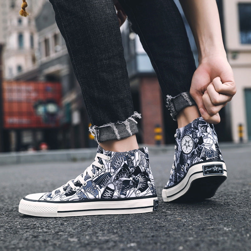 Canvas Shoes High-Top Canvas Shoes Men's Shoes Spring Versatile Graffiti Board Shoes
