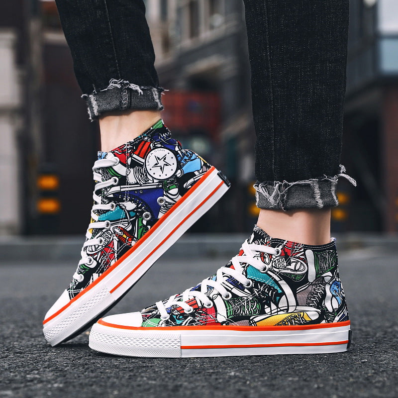 Canvas Shoes High-Top Canvas Shoes Men's Shoes Spring Versatile Graffiti Board Shoes