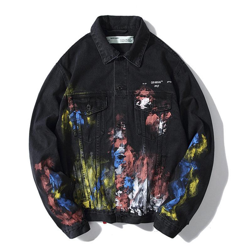 Off White Arrow Denim Jacket Jean Coat Autumn And Winter Graffiti Fireworks Splashink Destruction Distressed Denim Casual Jacket Owt