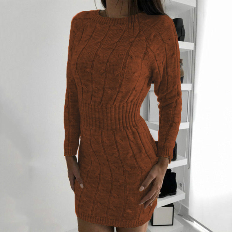 Women Pullover Knit Sweater Autumn Winter Sweater Medium Long Sheath Corset Cable-Knit Sweater Dress