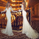 Women Lace Wedding Dress Women Dress Sexy Deep V Long Sleeve Backless Gown