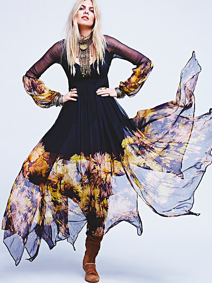 Beth Dutton Bohemian Dress Winter Autumn Midi Dresses Chiffon Dress Irregular Hem