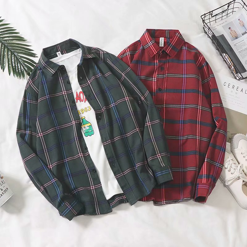 Men Shirt Long Sleeve Plaid Shirt Loose
