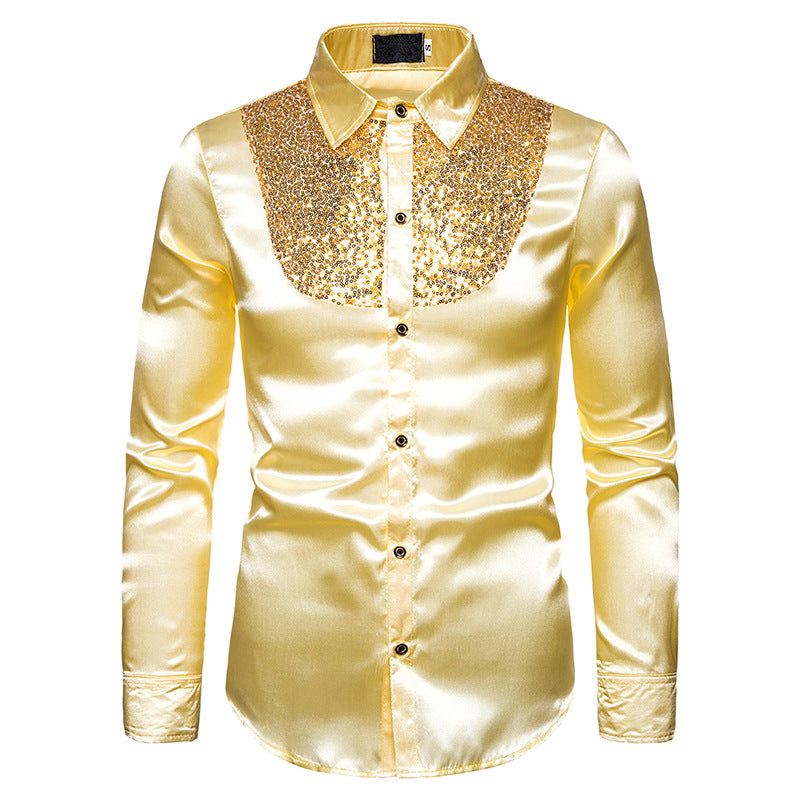 Men Prom Outfits Sequined Performance Nightclub Long Sleeve Shirt