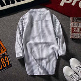 Men Shirts Vertical Striped Three-Quarter Sleeve Stand-up Collar Shirt