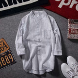 Men Shirts Vertical Striped Three-Quarter Sleeve Stand-up Collar Shirt