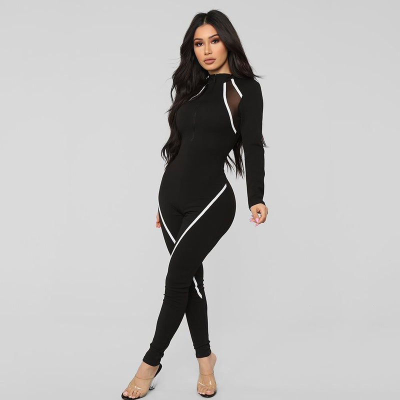 Women's Spring Clothing Sexy Mesh Breathable Patchwork Stripes Sports Jumpsuit