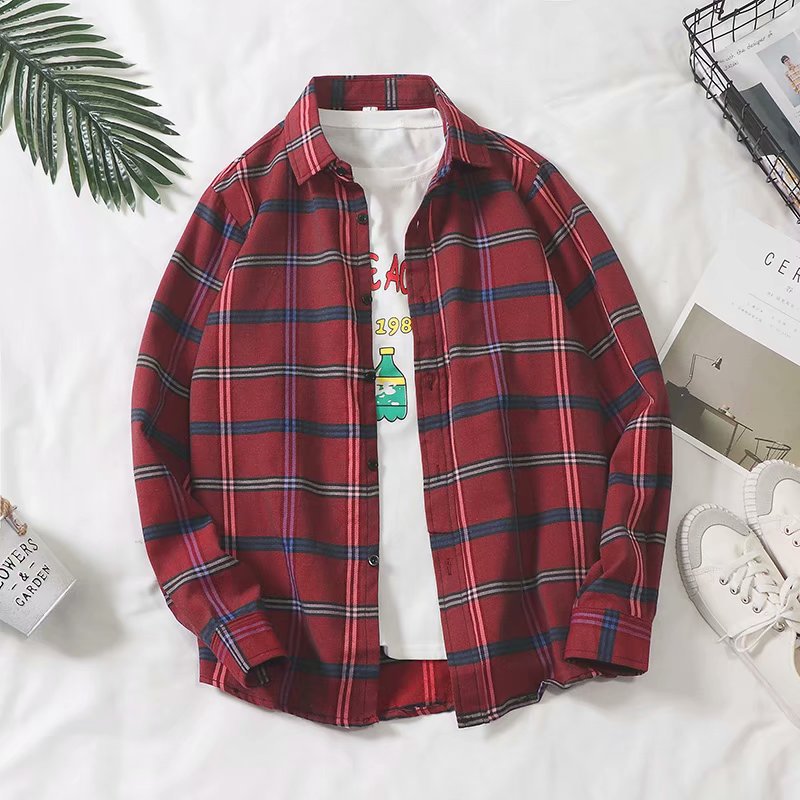 Men Shirt Long Sleeve Plaid Shirt Loose