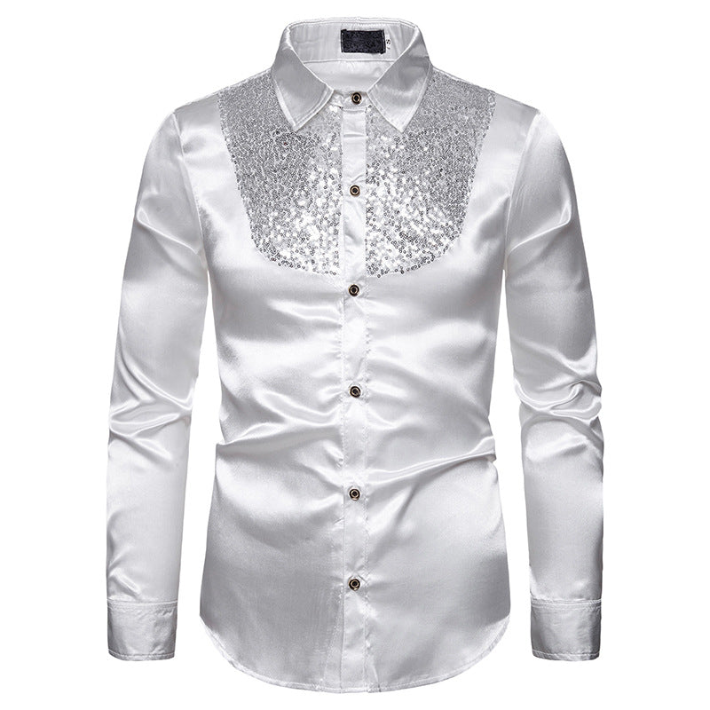 Men Prom Outfits Sequined Performance Nightclub Long Sleeve Shirt