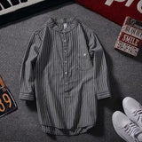 Men Shirts Vertical Striped Three-Quarter Sleeve Stand-up Collar Shirt