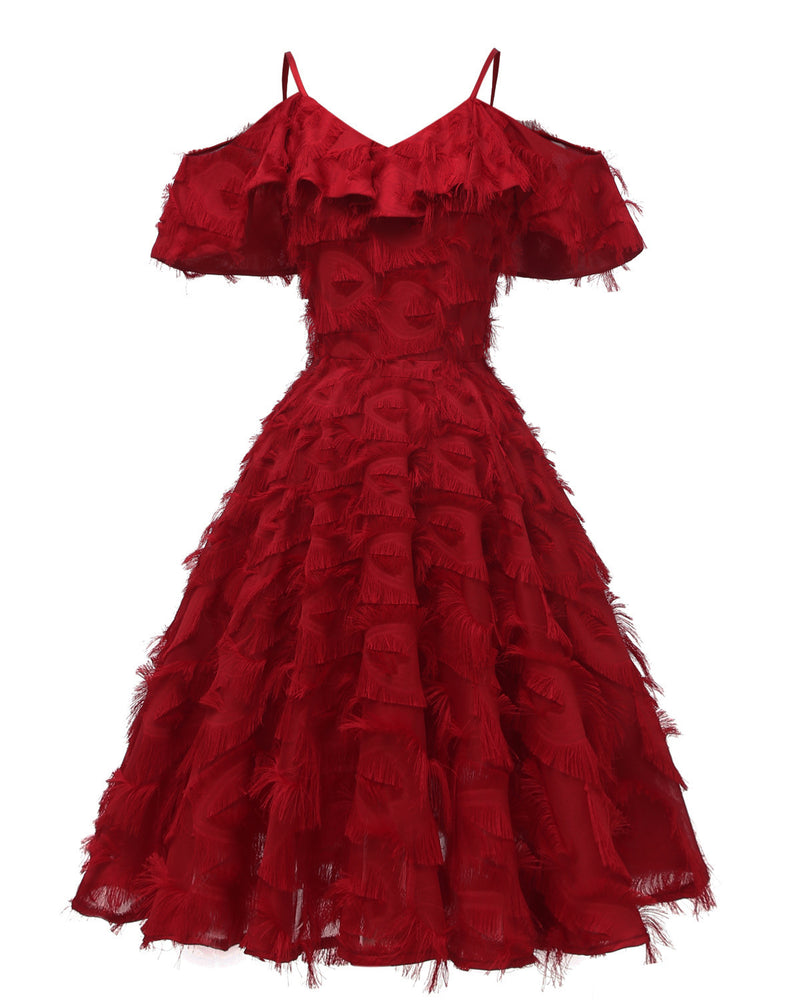Long Sleeve Burgundy Dress Formal Autumn and Winter Sexy Tassel Evening Dress Vintage Dress