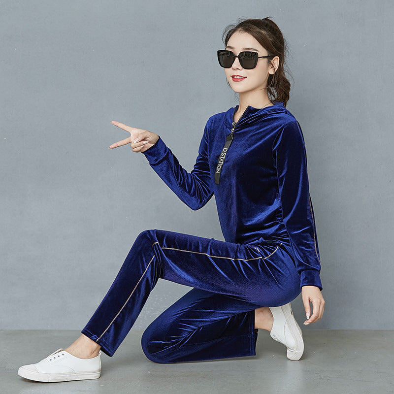 Velour Tracksuit Gold Velvet Sports Suit Women's Autumn and Winter Sweater Wide Leg Pants Two-Piece Suit