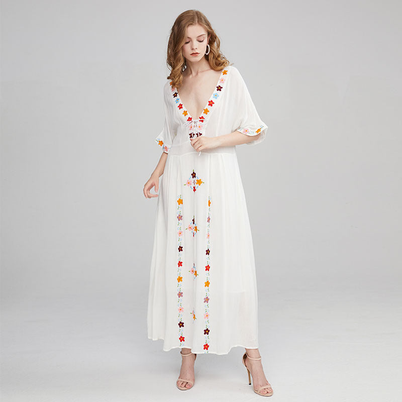 Beth Dutton Bohemian Summer Spring Midi Dress Embroidered Maxi Dress Deep V-neck