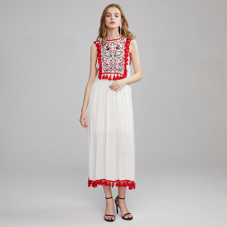 Beth Dutton Bohemian Summer Spring Midi Dress Cross-Border Supply Wish European and American Foreign Trade EBay Bohemian Flower Embroidery Sleeveless Fringe Vest Long Skirt Fashion