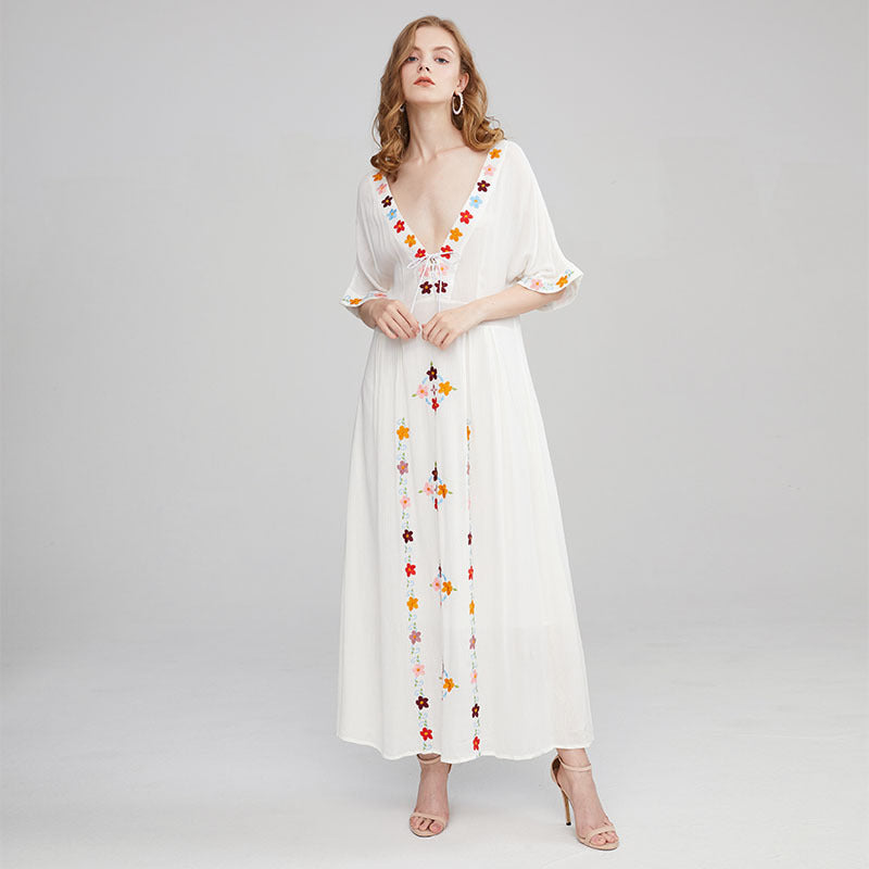 Beth Dutton Bohemian Summer Spring Midi Dress Embroidered Maxi Dress Deep V-neck