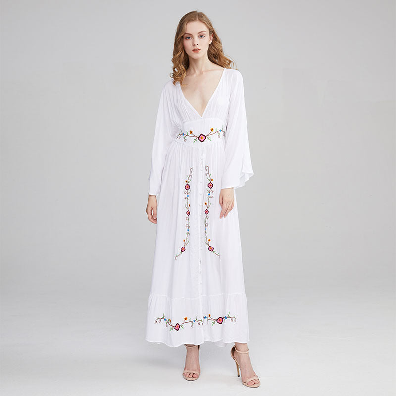Beth Dutton Bohemian Dress Winter Autumn Midi Dresses Flower V-neck Embroidery Dress