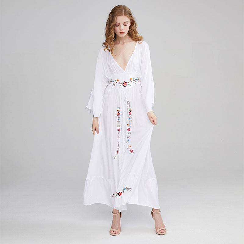 Beth Dutton Bohemian Dress Winter Autumn Midi Dresses Flower V-neck Embroidery Dress