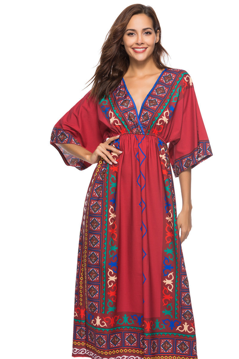 Gypsy Girl Outfits Vintage Printed Dress V-neck Half Sleeves