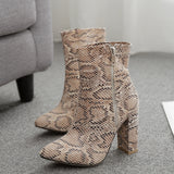 Python Boots Chunky Heel plus Size Snake Pattern Ankle Boots