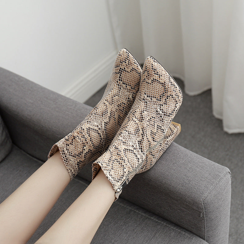Python Boots Chunky Heel plus Size Snake Pattern Ankle Boots