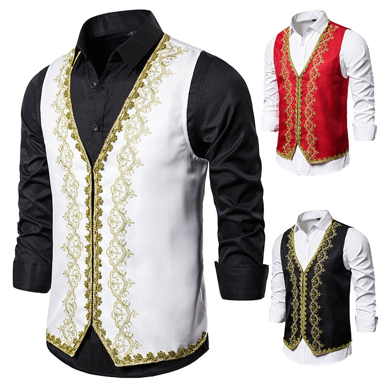 Men Prom Outfits Gold Inlaid Dress Court Dress Studio Clothing Black and White