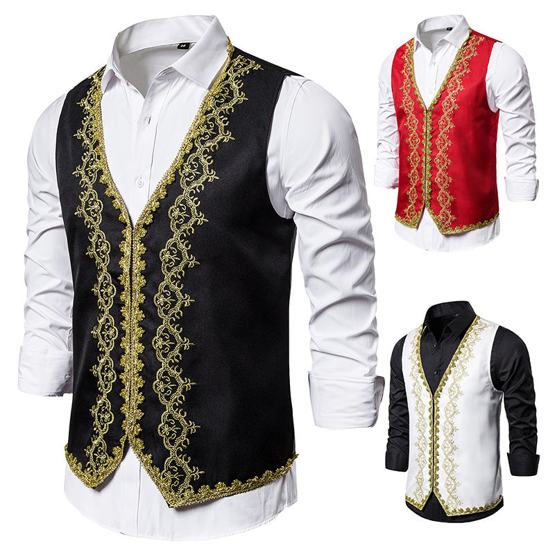 Men Prom Outfits Gold Inlaid Dress Court Dress Studio Clothing Black and White