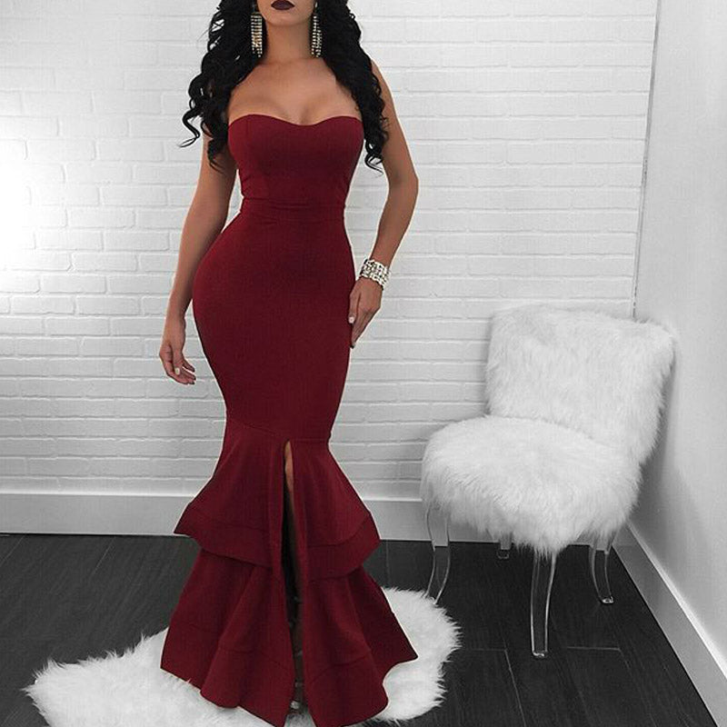 Burgundy Evening Dresses for Weddings Tube Top Fishtail Dress