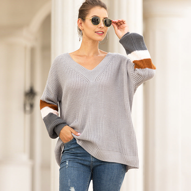 Women Pullover Knit Sweater Autumn and Winter V-neck Lantern Sleeve Striped Color Matching Sweater