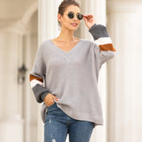 Women Pullover Knit Sweater Autumn and Winter V-neck Lantern Sleeve Striped Color Matching Sweater