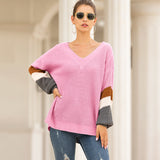 Women Pullover Knit Sweater Autumn and Winter V-neck Lantern Sleeve Striped Color Matching Sweater