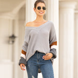 Women Pullover Knit Sweater Autumn and Winter V-neck Lantern Sleeve Striped Color Matching Sweater
