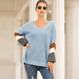 Women Pullover Knit Sweater Autumn and Winter V-neck Lantern Sleeve Striped Color Matching Sweater