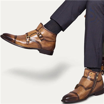 Western Shoes Flat Pointed Toe Brushed Zipper Casual Men's Boots
