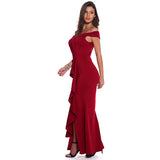 Burgundy Evening Dresses for Weddings V-neck Flounce Dress Banquet Evening Long Dress
