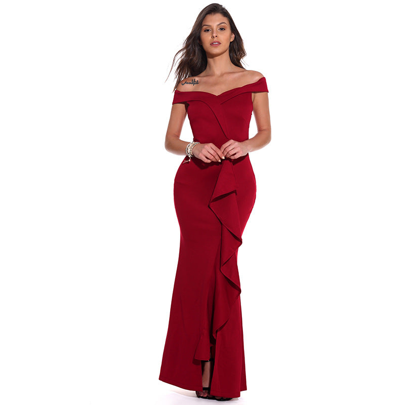 Burgundy Evening Dresses for Weddings V-neck Flounce Dress Banquet Evening Long Dress