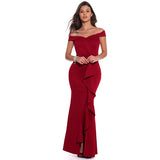 Burgundy Evening Dresses for Weddings V-neck Flounce Dress Banquet Evening Long Dress