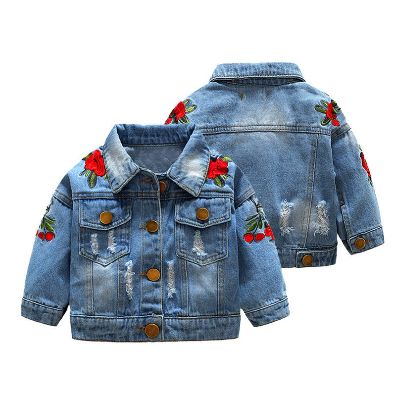 Children Jean Jackets Autumn and Winter Coat Rose Embroidered Denim