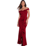 Burgundy Evening Dresses for Weddings V-neck Flounce Dress Banquet Evening Long Dress